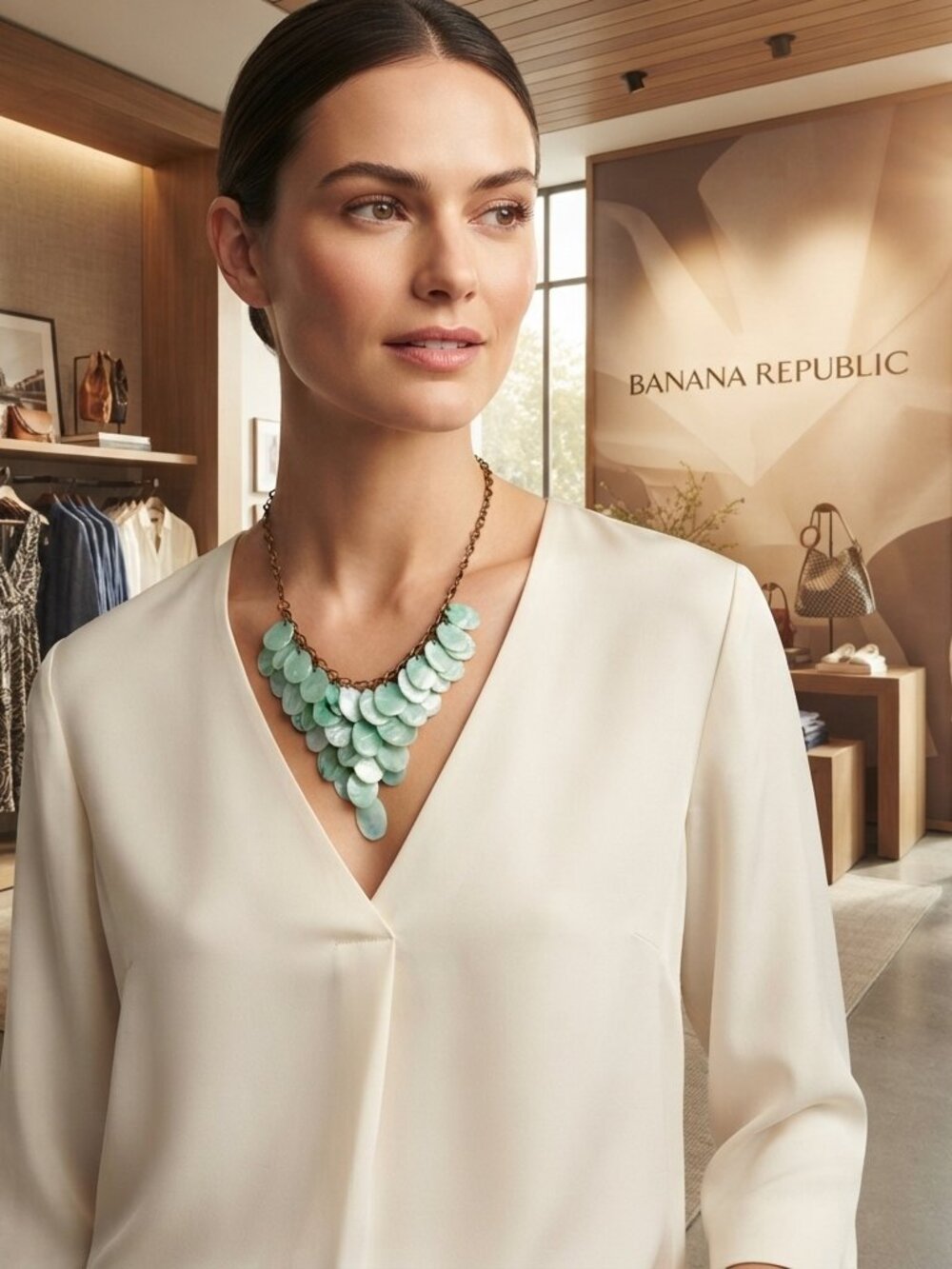 Banana Republic Seafoam Green Shell Bib Statement Necklace 16" Chain Cascading